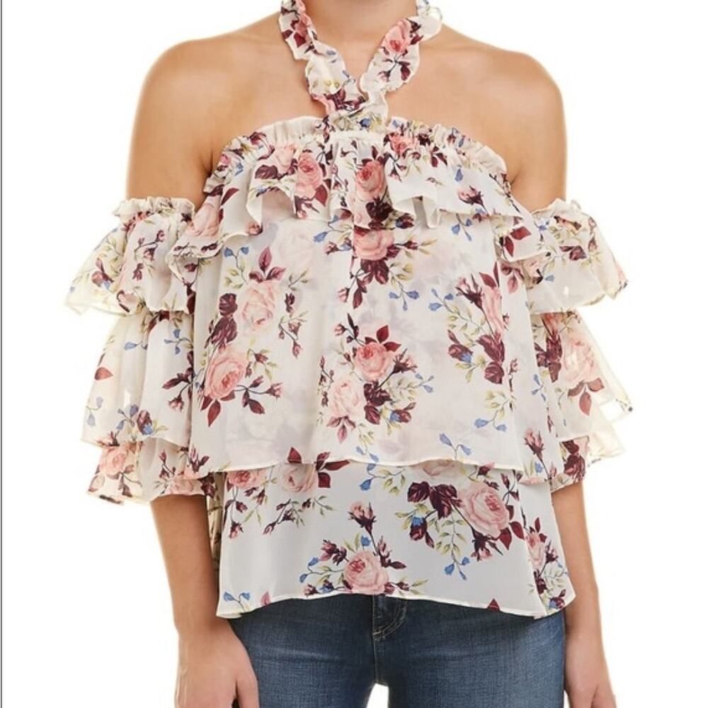 MISA Los Angeles Giselle Floral Chiffon Off Shoulder Ruffle Top Size Medium Boho